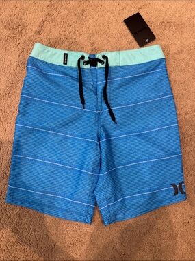 Boys size 10 Hurley Blue Striped Swim Trunks with Mint Waistband